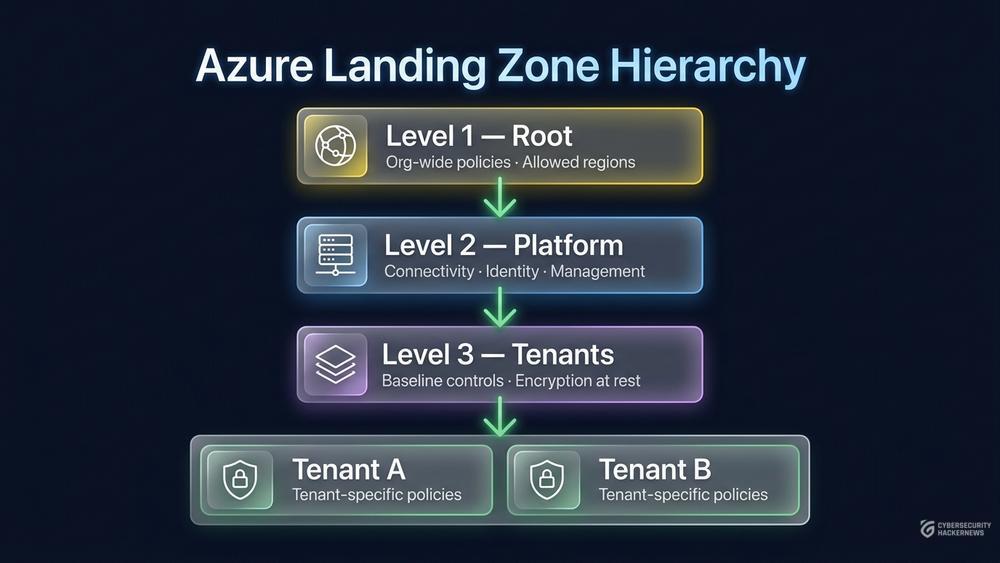 Azure landing zone management group hierarchy showing 4 levels from Root to individual tenant subscriptions in glassmorphism style