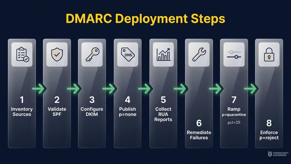 8-step DMARC deployment flow from inventory to p=reject enforcement, glassmorphism style on dark navy background