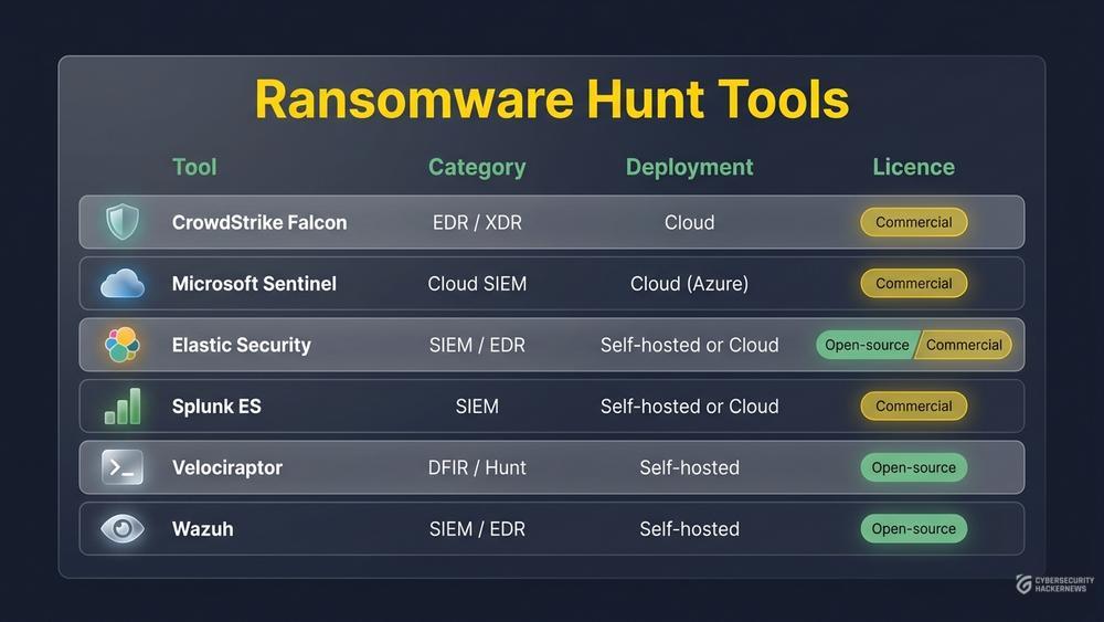 Ransomware threat hunting tools comparison table showing CrowdStrike, Sentinel, Elastic, Splunk, Velociraptor and Wazuh in glassmorphism style