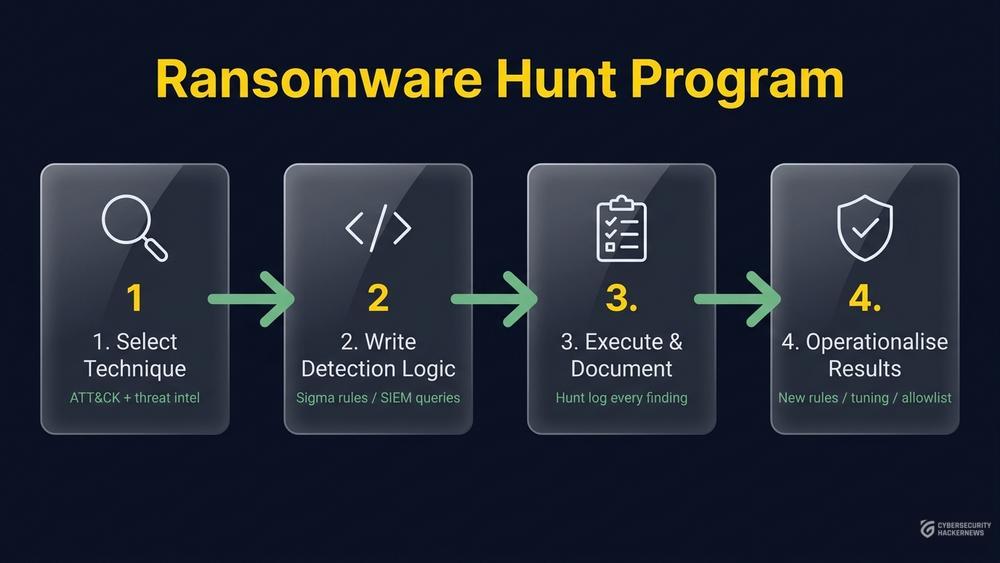 Four-step ransomware hunt program flow — Select Technique, Write Detection Logic, Execute & Document, Operationalise Results in glassmorphism style
